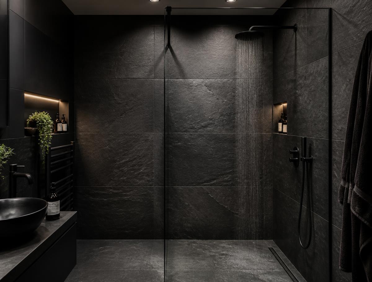 Black slate walk-in wet room with matte black fittings