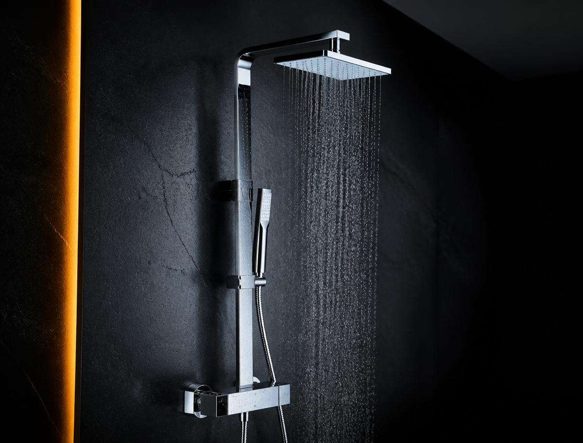 Premium designer chrome rain shower system and thermostatic valve on dark stone wall
